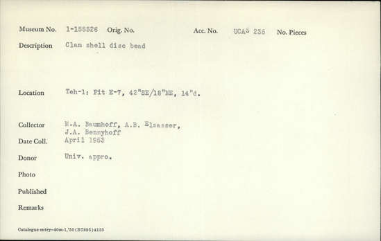 Documentation associated with Hearst Museum object titled Bead, accession number 1-155526, described as Clam shell disc.