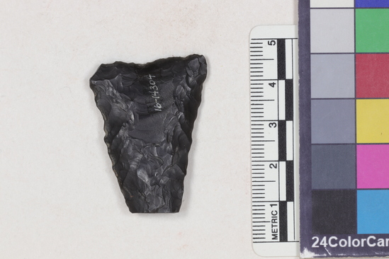 Hearst Museum object titled Projectile point fragment, accession number 16-14304, described as Projectile point; obsidian; triangular; weight: 7.2 grams; length: 3.86 cm; width: 2.94 cm; depth: 0.64 cm; straight sides; slight concave, thinned base.