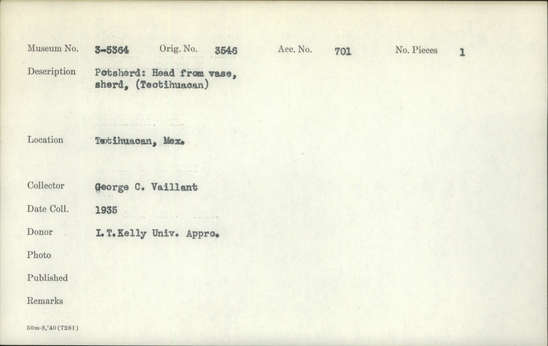 Documentation associated with Hearst Museum object titled Potsherd, accession number 3-5364, described as Potsherd: Head from vase; sherd (Teotihuacan).