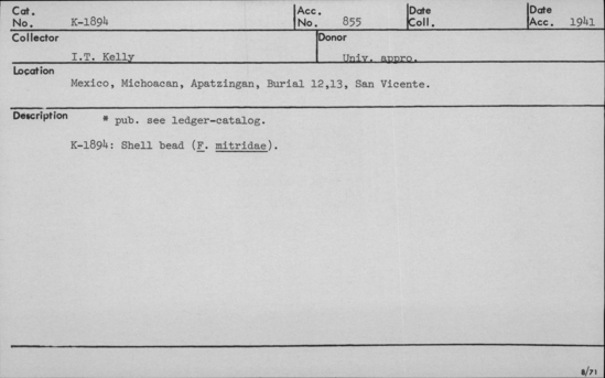 Documentation associated with Hearst Museum object titled Bead, accession number K-1894, described as Shell bead  (F. Mitridae).