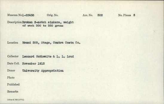 Documentation associated with Hearst Museum object titled Sinkers, accession number 1-23458, described as 2-notch, broken