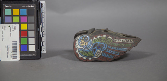 Hearst Museum object 2 of 16 titled Incense burner, accession number 9-12226a-f, described as Three phoenixes on stand, cast bronze and cloisonne. A) 3-lobed stand, edge has openwork design with stylized floral motif, 1 phoenix soldered in place, width 37.5 cm, height 31.5 cm; B) wing, bronze, and cloisonne, length 14.4 cm; C) bronze and cloisonne  phoenix, beak to tail length 29.7 cm; D) wing, bronze and cloisonne, length 14.6 cm; E) bronze and cloisonne phoenix, beak to tail length 24.3 cm; F) lid, bronze, length 8.2 cm