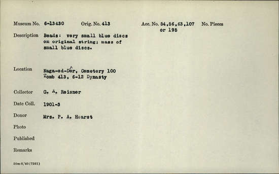 Documentation associated with Hearst Museum object titled Beads, accession number 6-13430, described as Beads: very small blue discs (rings) on original string; mass of small blue discs, piece count: 100+.