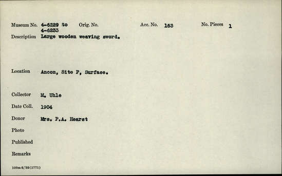 Documentation associated with Hearst Museum object titled Tool?, accession number 4-6233, described as Long black stick of palm wood pointed at one end