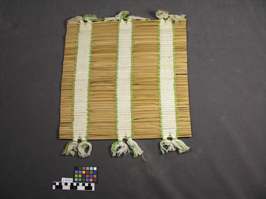 Hearst Museum object titled Blinds sample, accession number 2-63249, described as Strip of fabric for blinds.  Hand-woven.  Warp spaced in vertical sections.  Warp face in these sections.  Warp is cotton, weft is palm fiber.  Plain weave in white, green, and natural brown palm.