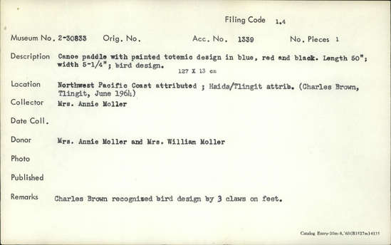 Documentation associated with Hearst Museum object titled Paddle, accession number 2-30833, described as Canoe paddle, with painted totemic design in blue, red, and black.  Bird design: Charles Brown recognized bird design by 3 claws on feet.