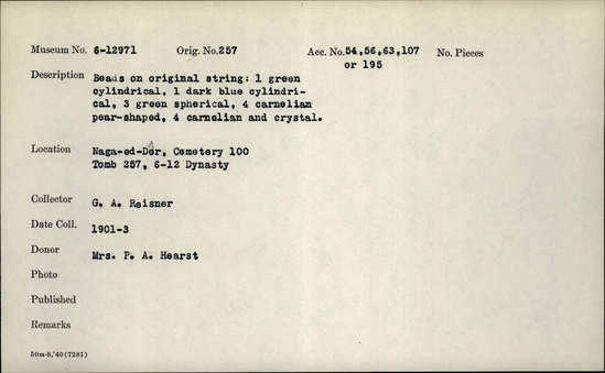 Documentation associated with Hearst Museum object titled Beads, accession number 6-12971, described as Beads on original string: 1 green cylindrical, 1 dark blue cylindrical, 3 green spherical, 4 carnelian pear-shaped, 4 carnelian, 4 crystal. [inv.: ring beads]