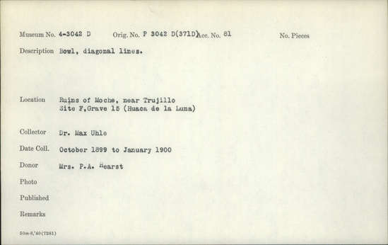 Documentation associated with Hearst Museum object titled Bowls (5), accession number 4-3042d, described as Bowl, diagonal lines