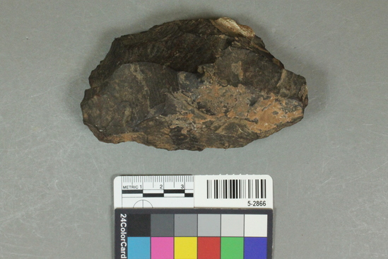 Hearst Museum object titled Handaxe, accession number 5-2866, described as Chert bifacially worked band axe; breccia adhered to striking platform