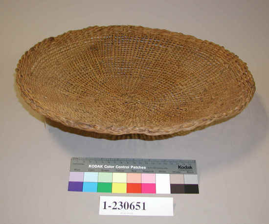 Hearst Museum object titled Basket, accession number 1-230651, described as Plain twined openwork of whole peeled hazel shoots warp and weft, basin shape.