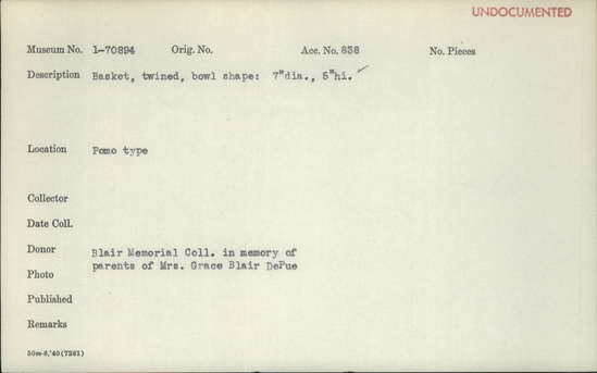 Documentation associated with Hearst Museum object titled Bowl basket, accession number 1-70894, described as Twined, bowl shape.