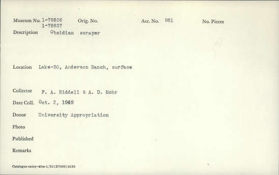 Documentation associated with Hearst Museum object titled Scraper, accession number 1-78836, described as Obsidian.