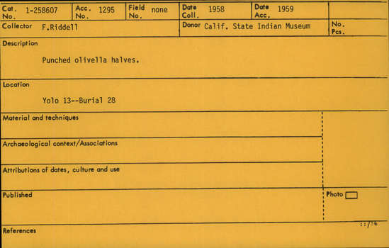 Documentation associated with Hearst Museum object titled Shell fragments, accession number 1-258607, described as Punched olivella halves, not counted.