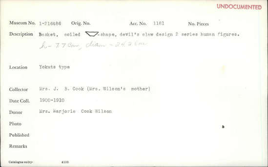 Documentation associated with Hearst Museum object titled Basket, accession number 1-216486, described as Coiled. Devil's-claw design. 2 series human figures.