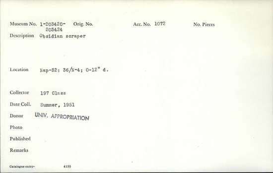Documentation associated with Hearst Museum object titled Scraper, accession number 1-203422, described as Obsidian.