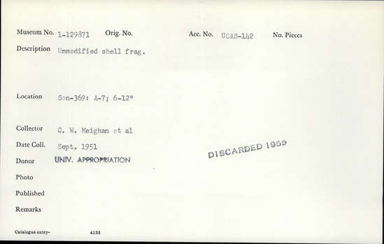 Documentation associated with Hearst Museum object titled Shell fragment, accession number 1-129871, described as Unmodified shell fragment.