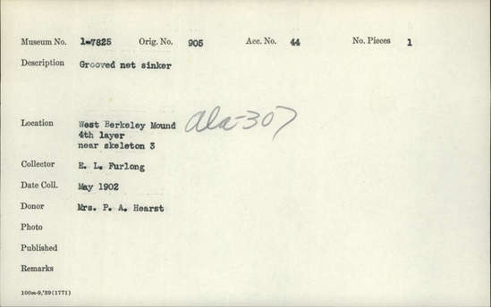 Documentation associated with Hearst Museum object titled Net sinker, accession number 1-7825, described as Grooved net sinker