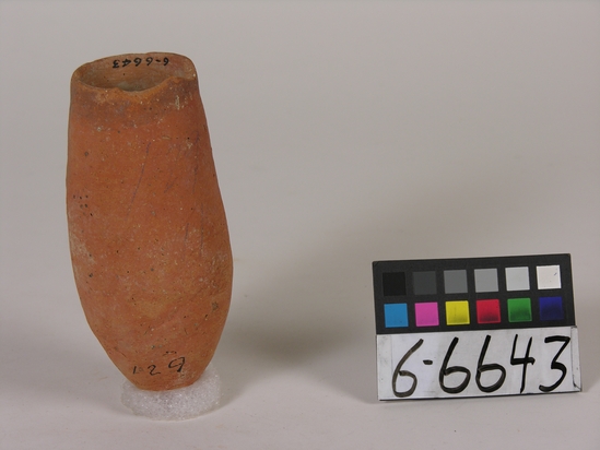 Hearst Museum object titled Beer cup, accession number 6-6643, described as Red pottery cup with deep, point bottom and faint black band around rim; least diameter 4.5cm, greatest diameter 6.5cm, height 14cm