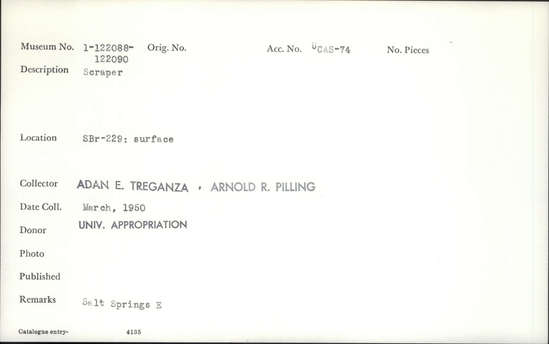 Documentation associated with Hearst Museum object titled Scraper, accession number 1-122090, described as scraper.