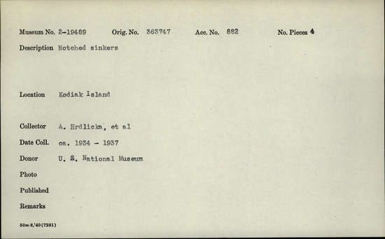 Documentation associated with Hearst Museum object titled Sinkers, accession number 2-19489, described as Notched sinkers