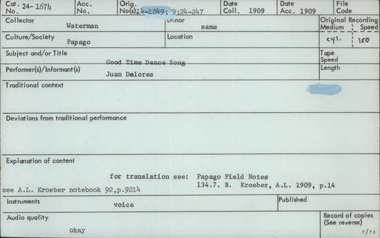 Documentation associated with Hearst Museum object titled Audio recording, accession number 24-1674, described as Dance Song for the "Good-Time" Dance