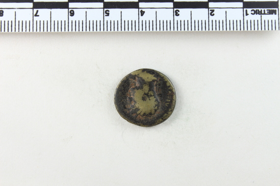 Hearst Museum object 8 of 14 titled Coin: æ semis, accession number 8-8133, described as Coin; Æ; aes grave; semis; Orichalcum. 3.751 grams. Obverse: Head of Hadrian, facing right. Reverse: S C flanking object.