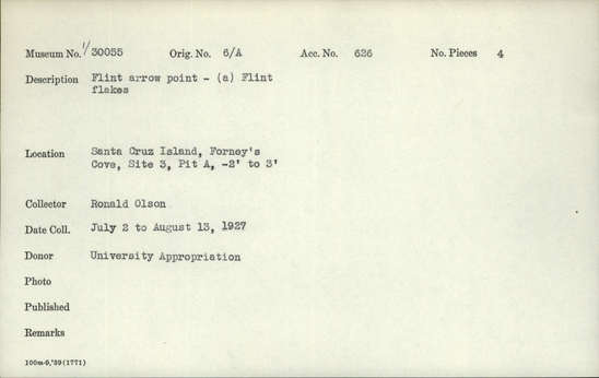 Documentation associated with Hearst Museum object titled Projectile point and flakes, accession number 1-30055, described as Flint arrow point. (a) Flint flakes.