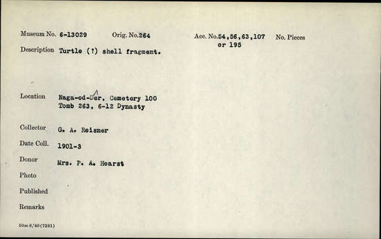 Documentation associated with Hearst Museum object titled Tortoise shell fragment, accession number 6-13029, described as Turtle (?) shell fragment.