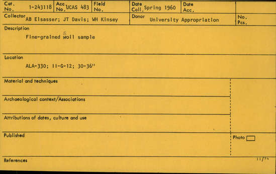 Documentation associated with Hearst Museum object titled Soil sample, accession number 1-243118, described as Fine grained.