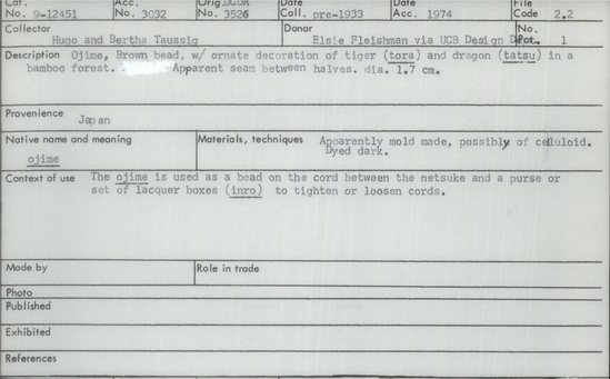 Documentation associated with Hearst Museum object titled Netsuke, accession number 9-12451, described as Japan. Ojime, brown bead, with ornate decoration of tiger (tora) and dragon (tatsu) in a bamboo forest. Apparent seam between halves. Diameter 1.7 centimeters.