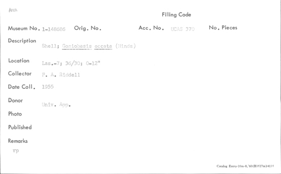 Documentation associated with Hearst Museum object titled Shell, accession number 1-148686, described as Goniobasis occata (Hinds).