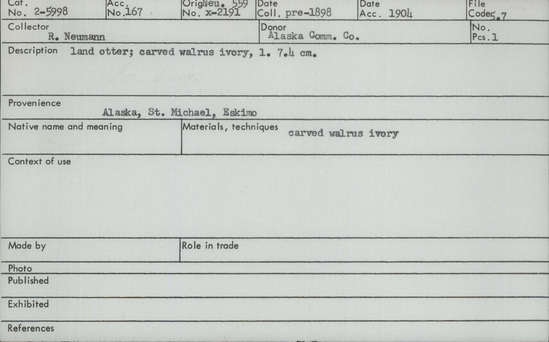 Documentation associated with Hearst Museum object titled Zoomorph, accession number 2-5998, described as Land otter carved of walrus ivory.