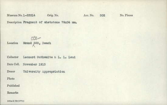 Documentation associated with Hearst Museum object titled Whetstone, accession number 1-23314, described as Fragment of whetstone 79x34 mm.