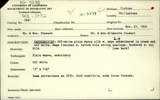 Documentation associated with Hearst Museum object titled Handkerchief, accession number 10-3038, no description available.