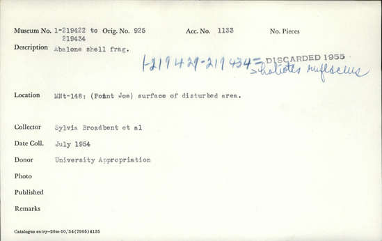 Documentation associated with Hearst Museum object titled Shell fragment, accession number 1-219430, described as abalone shell frag.