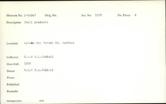 Documentation associated with Hearst Museum object titled Pendants, accession number 1-99947, described as Shell pendants.