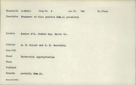 Documentation associated with Hearst Museum object titled Porcelain fragment, accession number 1-60310, described as fragment of blue painted Wan Li porcelain.  Attached to 1-77987. Notice: Image restricted due to its potentially sensitive nature. Contact Museum to request access.