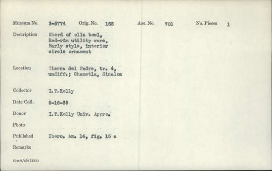 Documentation associated with Hearst Museum object titled Bowl fragment, accession number 3-5774, described as Sherd of olla bowl, red-rim utility ware, early style, interior circle ornament.