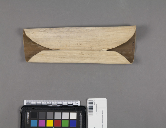 Hearst Museum object titled Cover mat, accession number 10-1771, described as Areca palm spathe cover for carrying baskets; 8 inches maximum width