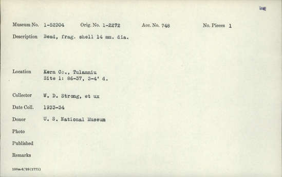 Documentation associated with Hearst Museum object titled Bead, accession number 1-52304, described as Fragment, shell.