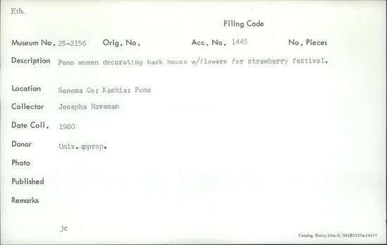 Documentation associated with Hearst Museum object titled Color slide, accession number 25-2156, described as Pomo women decorating bark house with flowers for the strawberry festival