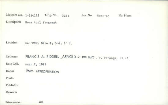 Documentation associated with Hearst Museum object titled Worked bone, accession number 1-114122, described as Bone.