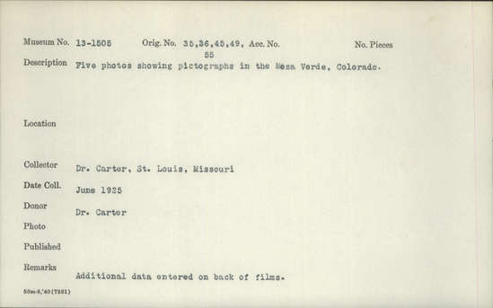 Documentation associated with Hearst Museum object titled Photograph, accession number 13-1505, described as Five photos showing pictographs in the Mesa Verde, Colorado