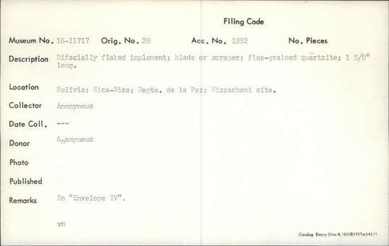 Documentation associated with Hearst Museum object titled Blade, accession number 16-11717, described as Bifacially flaked implement, blade or scraper, fine-grained quartzite,1⅝ inch long