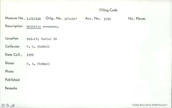 Documentation associated with Hearst Museum object titled Pendant, accession number 1-212168, described as Haliotis. Notice: Image restricted due to its potentially sensitive nature. Contact Museum to request access.