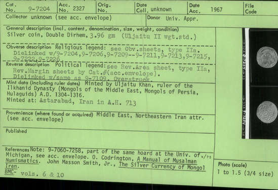 Documentation associated with Hearst Museum object titled Coin: ar double dirhem, accession number 9-7204, described as Silver coin, Double Dirhem, 3.96 gm (Uljaitu II wgt. std.);  Obverse: Dielinked with 9-7204, 9-7206, 9-7209 -- 9-7211, 9-7213, 9-7215, 9-7222, 9-7226;  Reverse: Dielinked with 9-7109.  Overstruck Minted by Uljaitu Khan, ruler of the Ilkhanid Dynasty (Mongols of the Middle East, Mongols of Persia, Hulaguids) A.D. 1304-1316.  Minted at: Astarabad, Iran in A.H. 713.