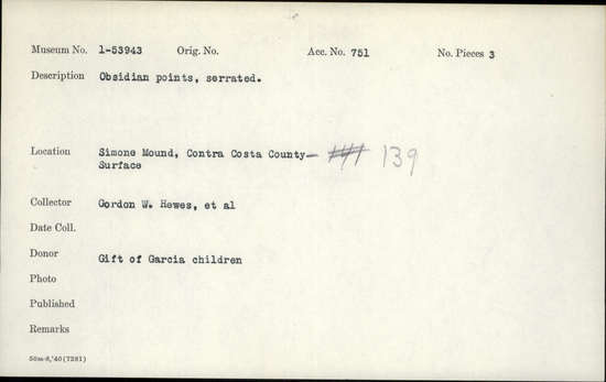 Documentation associated with Hearst Museum object titled Projectile points, accession number 1-53943, described as Obsidian projectile points. Serrated.