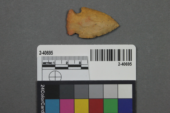 Hearst Museum object titled Projectile point, accession number 2-40695, described as Stone arrowhead, yellow jasper