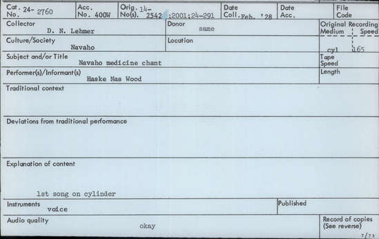 Documentation associated with Hearst Museum object titled Audio recording, accession number 24-2760, described as Navajo Medicine Chant