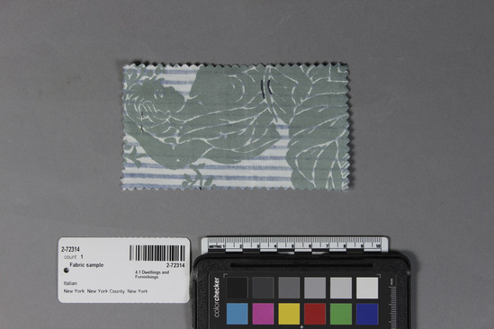 Hearst Museum object titled Fabric sample, accession number 2-72314, described as 100% long staple cotton sample, no. 5267, Lamballe design, blue and white, blue stripes and midnight blue overlay color, Fortuny Inc.